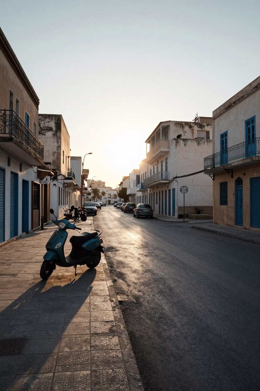 Tunisian Street Scene After Sunrise with Scooter and Local Architecture in in Tunis, Tunisia