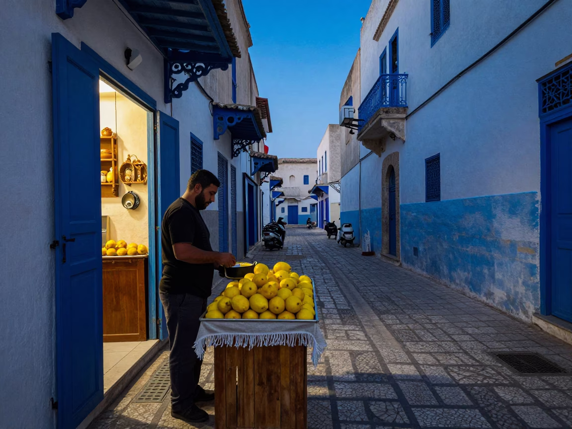 Tunisian Street Scene at Blue Hour with Lemons and Saucepan in in Tunis, Tunisia