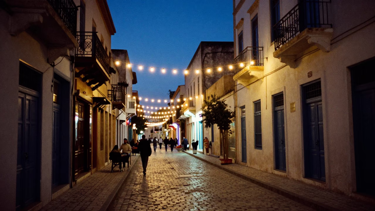 Tunisian Street Scene at Blue Hour with String Lights and Urban Architecture in in Tunis, Tunisia