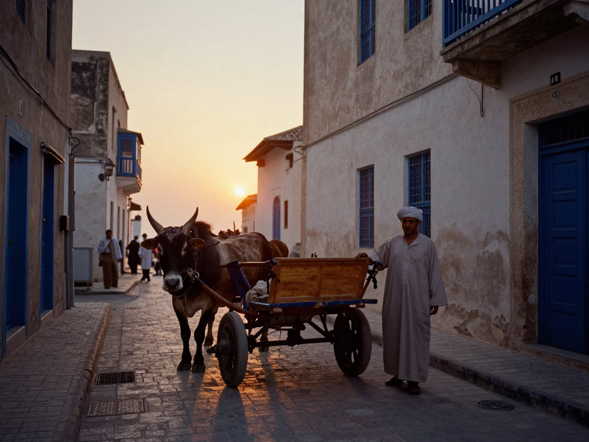 Tunisian street scene at dusk with ox cart and traditional architecture in in Tunis, Tunisia