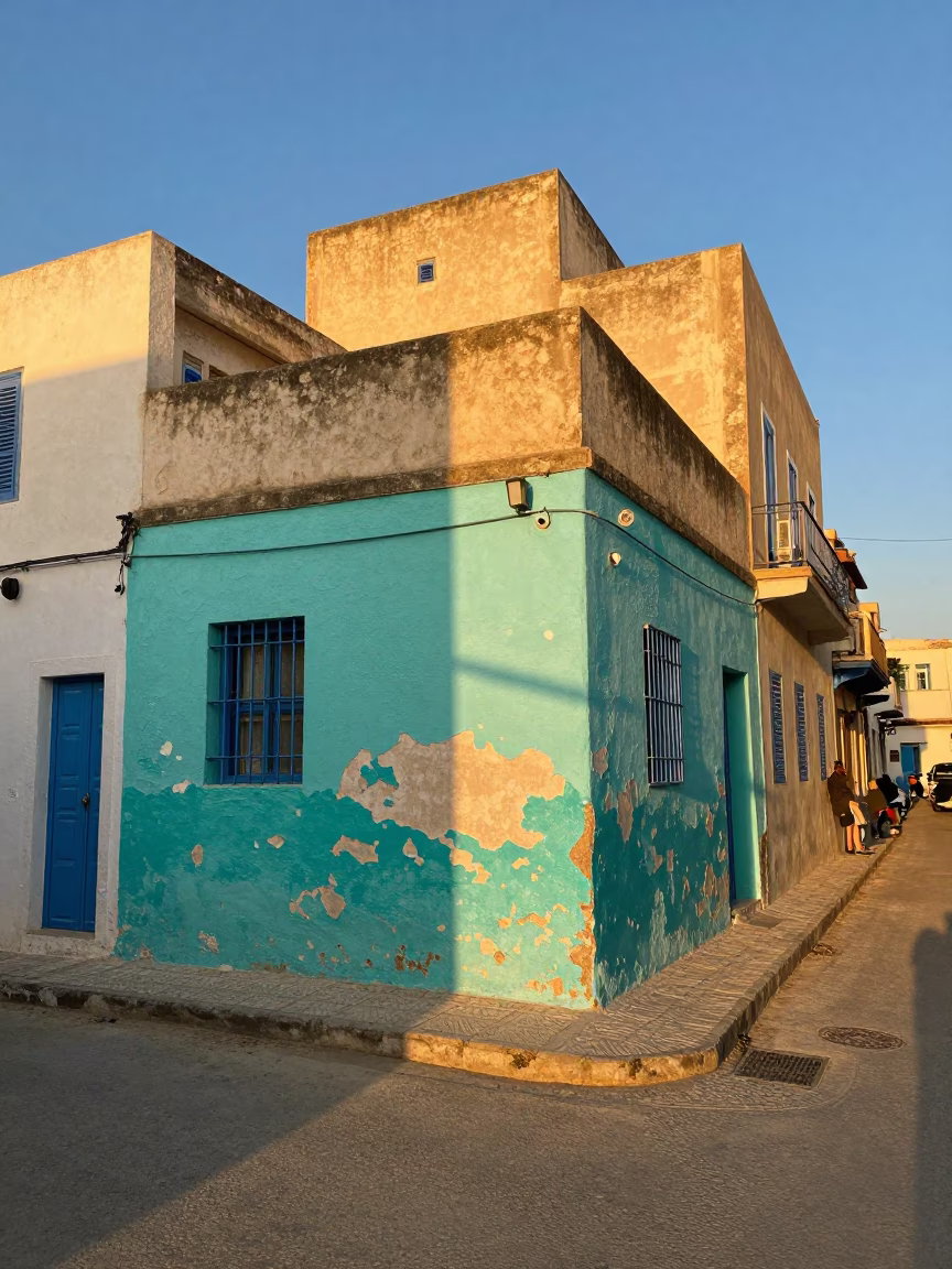 Tunisian Street Scene at Golden Hour with Peeling Turquoise Paint and Yellow Taxi in in Tunis, Tunisia