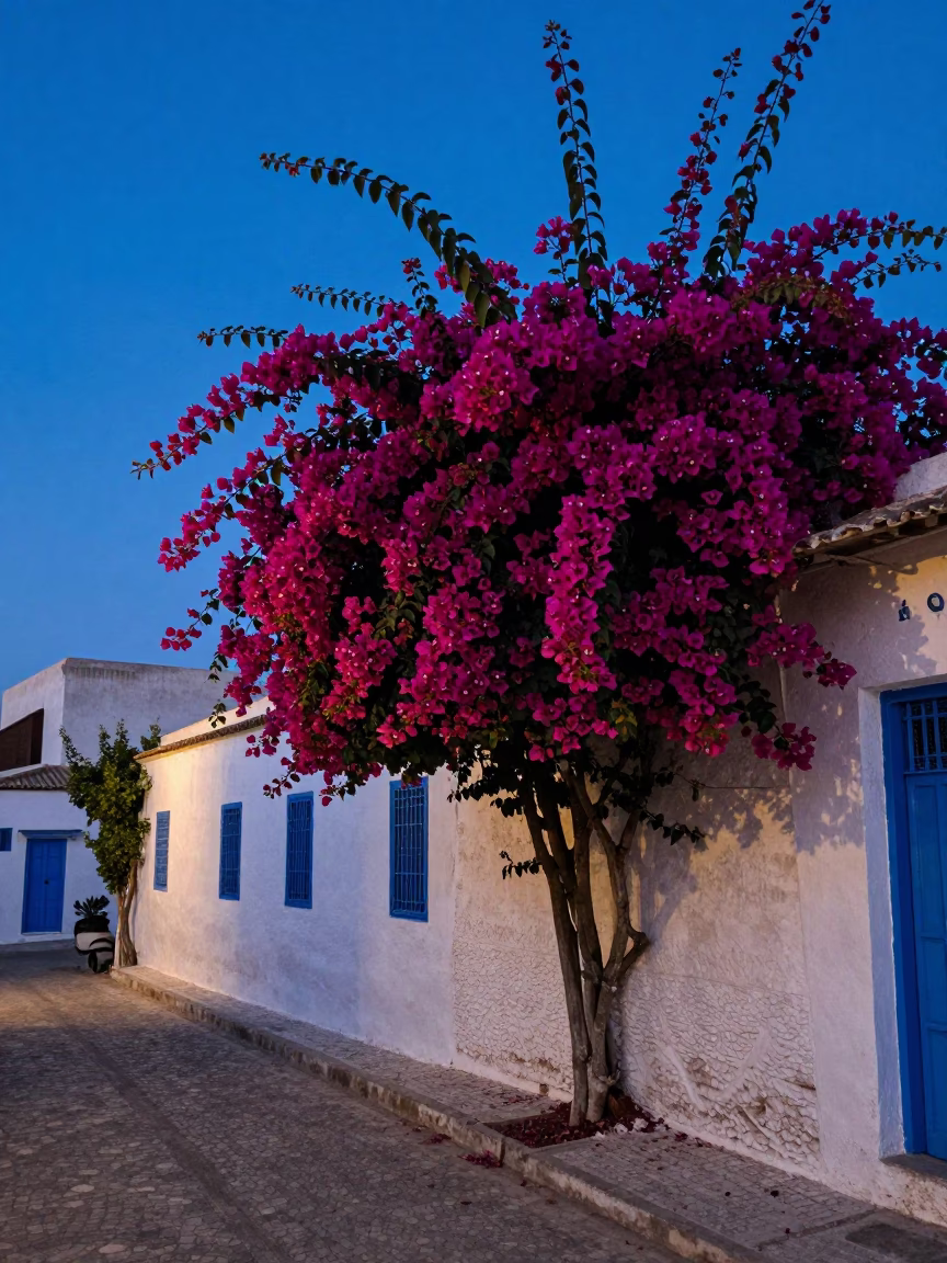 Tunisian Street Scene at Indigo Twilight with Bougainvillea and Local Life in in Tunis, Tunisia