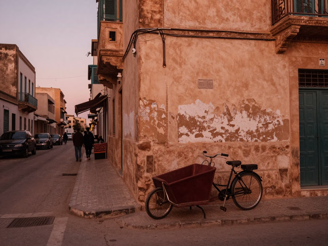 Tunisian Street Scene in Copper Dusk Light with Vintage Bicycle and Local Market Activity in in Tunis, Tunisia