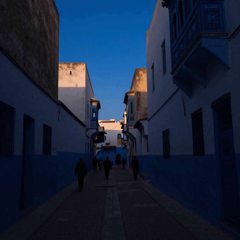 Tunisian Street Scene in Indigo Twilight with Dappled Leaf Shadows on Plaster Walls in in Tunis, Tunisia