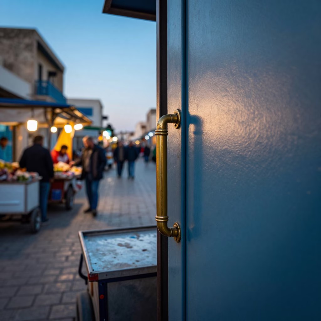 Tunisian Street Vendor Dawn Light with Door Handle Detail in in Tunis, Tunisia