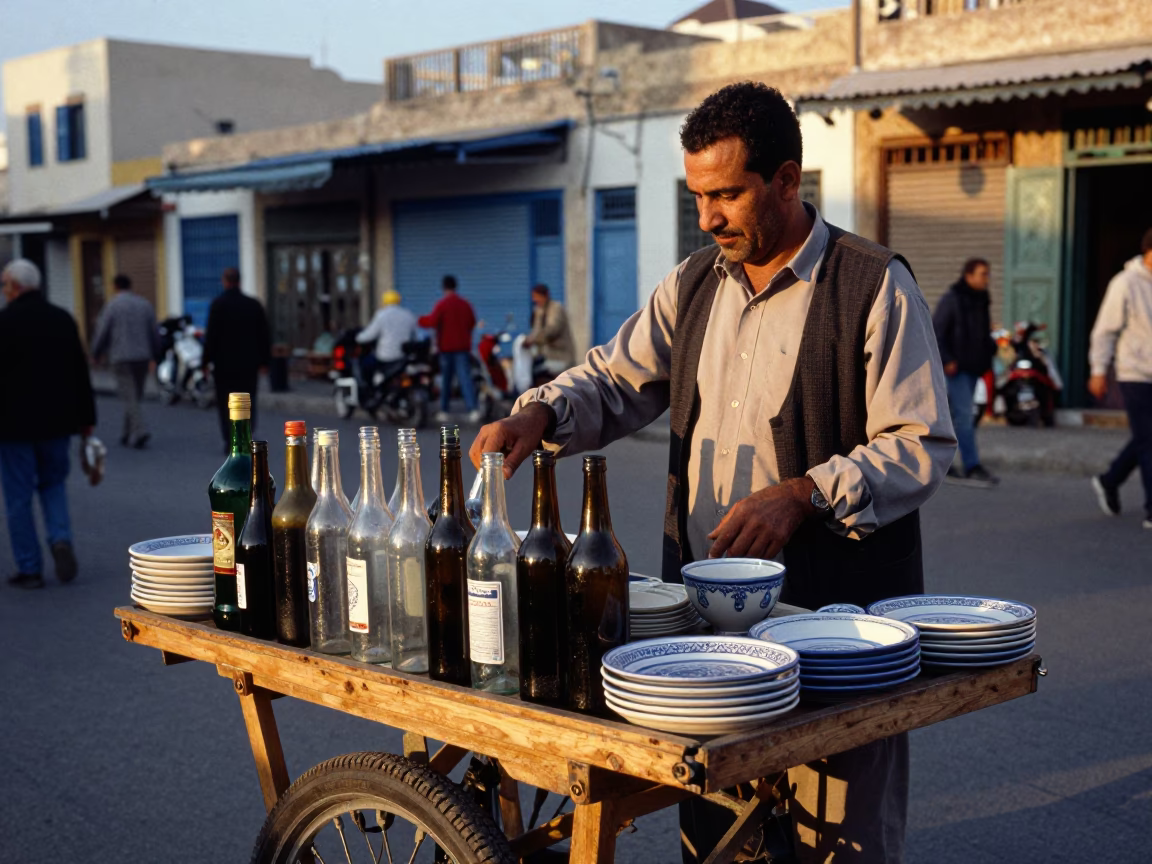 Tunisian Street Vendor Evening Sale with Bottles and Plates in Tunis in in Tunis, Tunisia