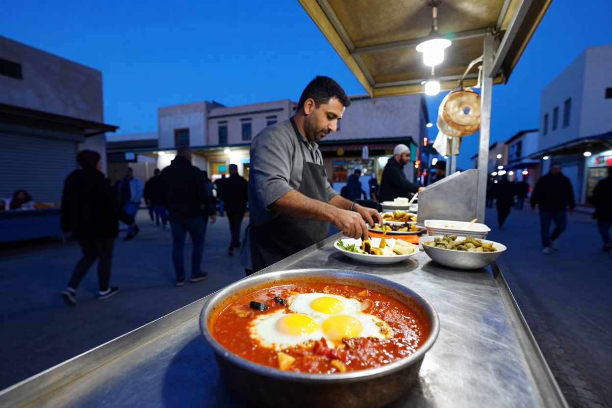Tunisian Street Vendor Evening Scene with Traditional Food and Coffee in Blue Hour Light in in Tunis, Tunisia
