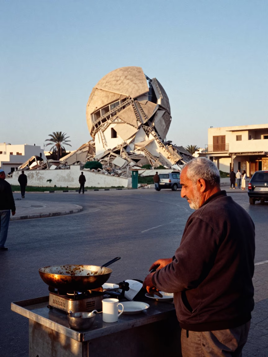 Tunisian Street Vendor Late Afternoon with Crumbling Observatory and Culinary Tools in in Tunis, Tunisia
