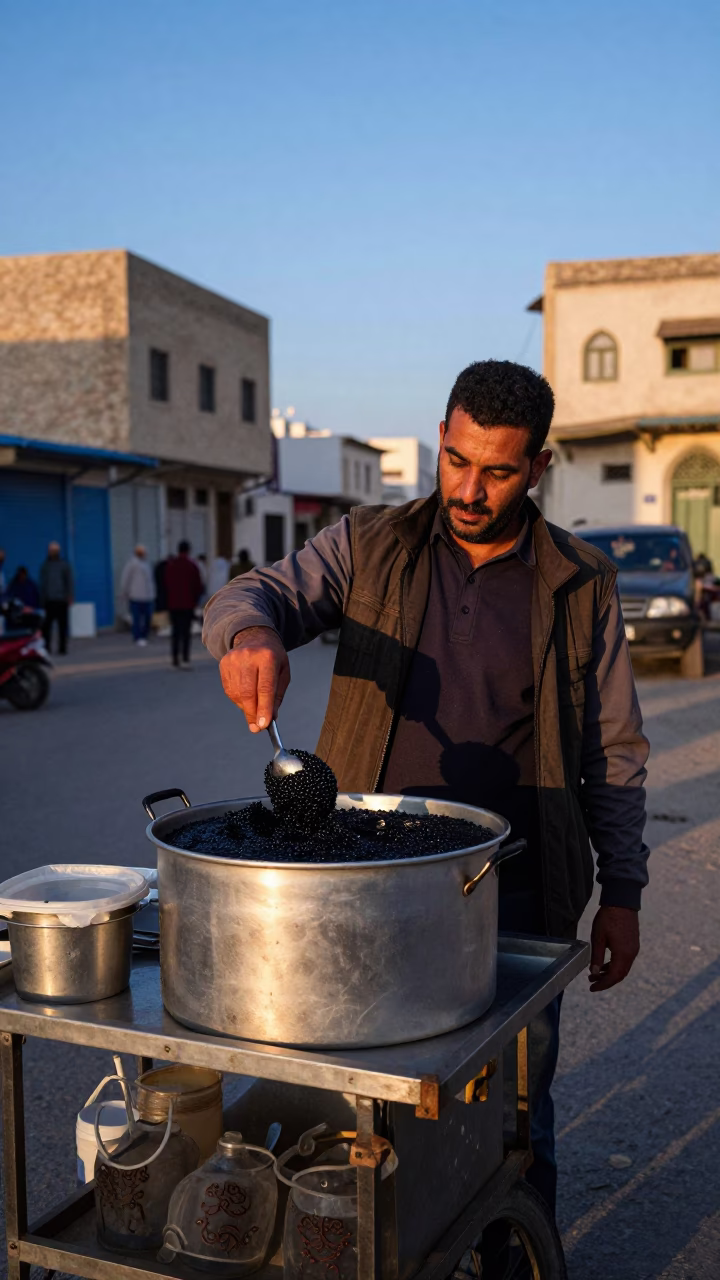 Tunisian street vendor preparing bubur ketan hitam dessert at blue hour in in Tunis, Tunisia