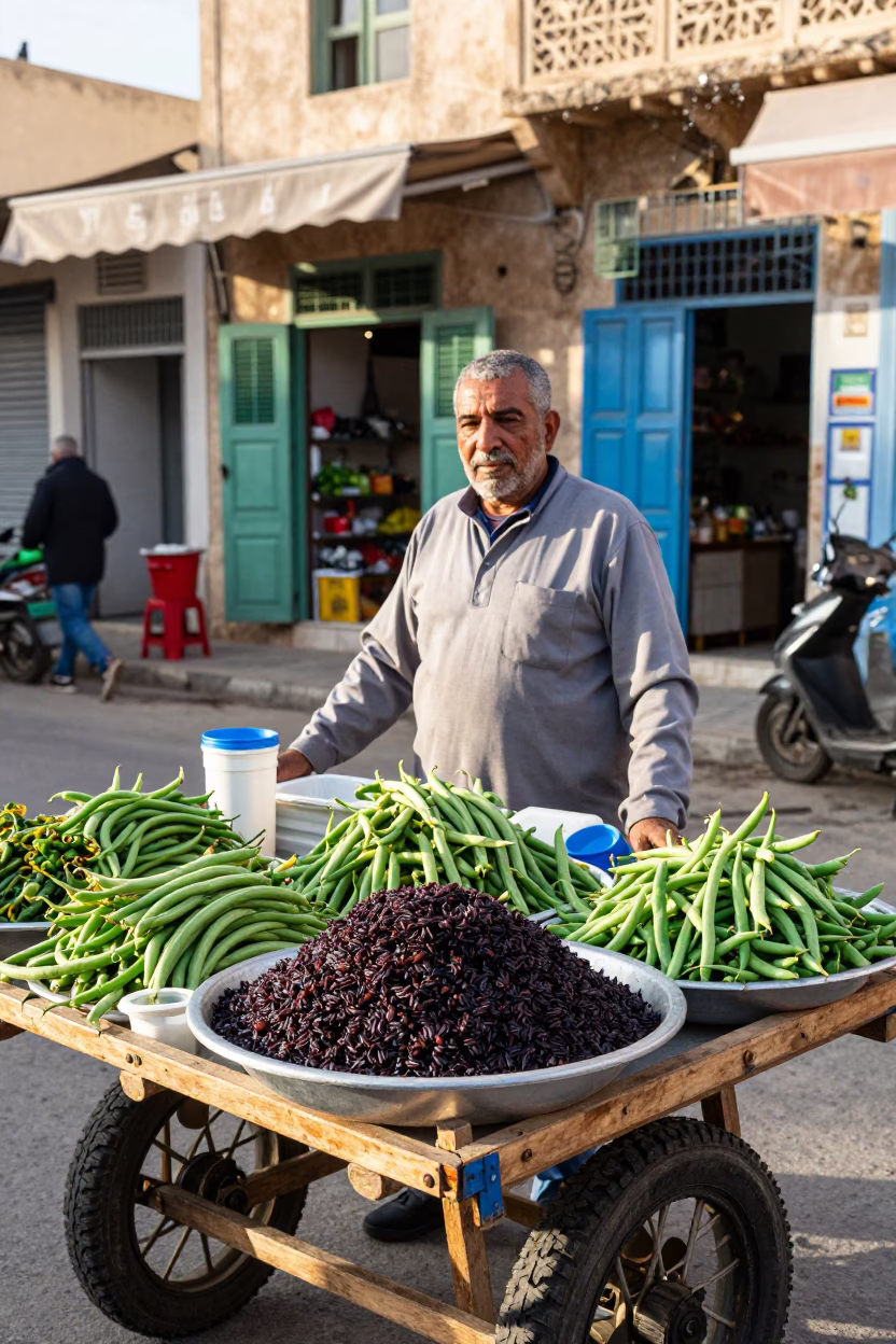 Tunisian Street Vendor Selling Fresh String Beans and Mole Negro in Tunis Afternoon Light in in Tunis, Tunisia