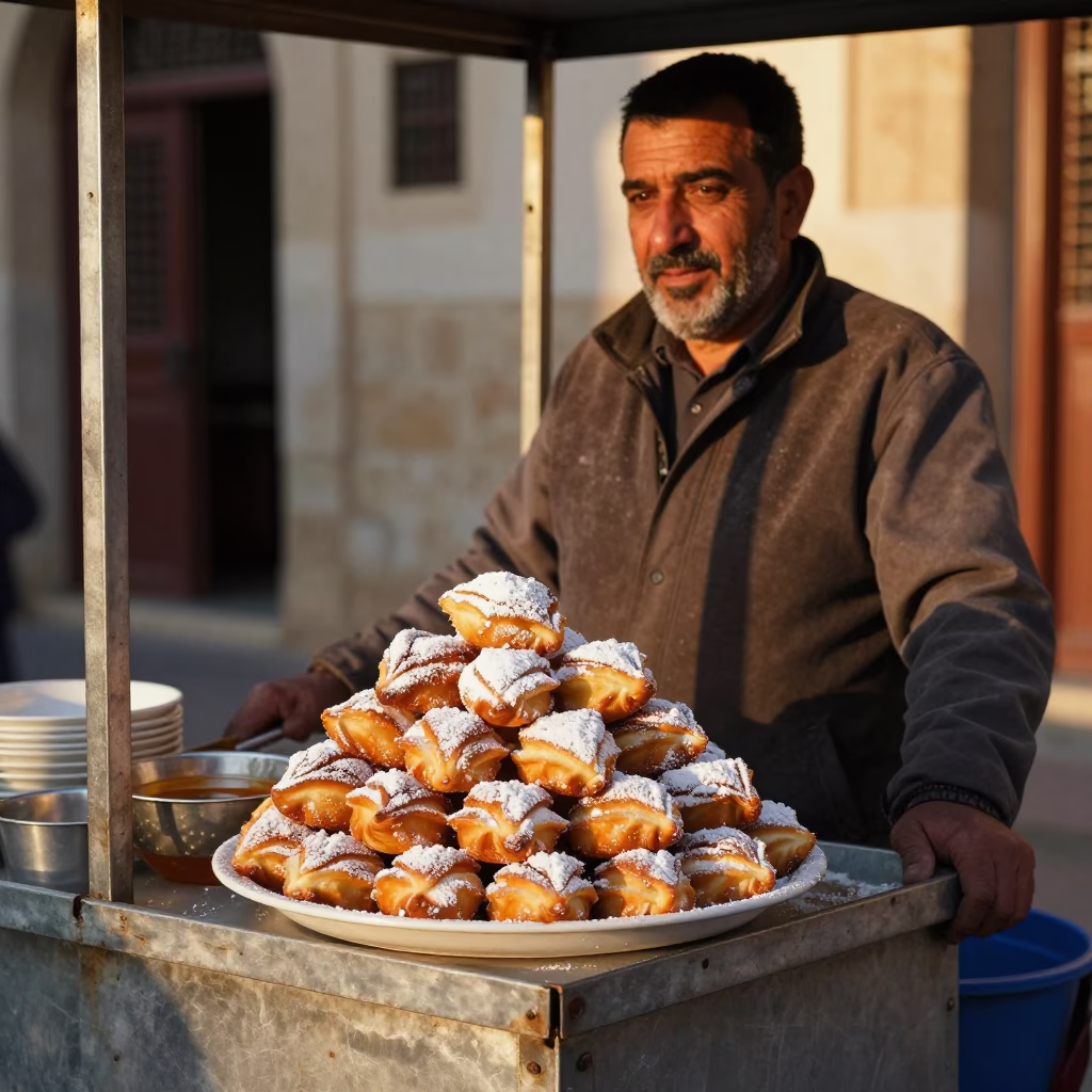 Tunisian street vendor serving hot beignets with powdered sugar in honeyed evening light in in Tunis, Tunisia