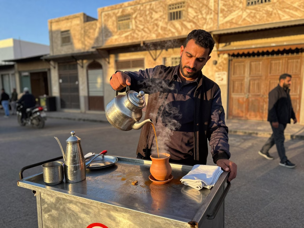 Tunisian Street Vendor Serving Steaming Masala Chai in Honeyed Evening Light in in Tunis, Tunisia
