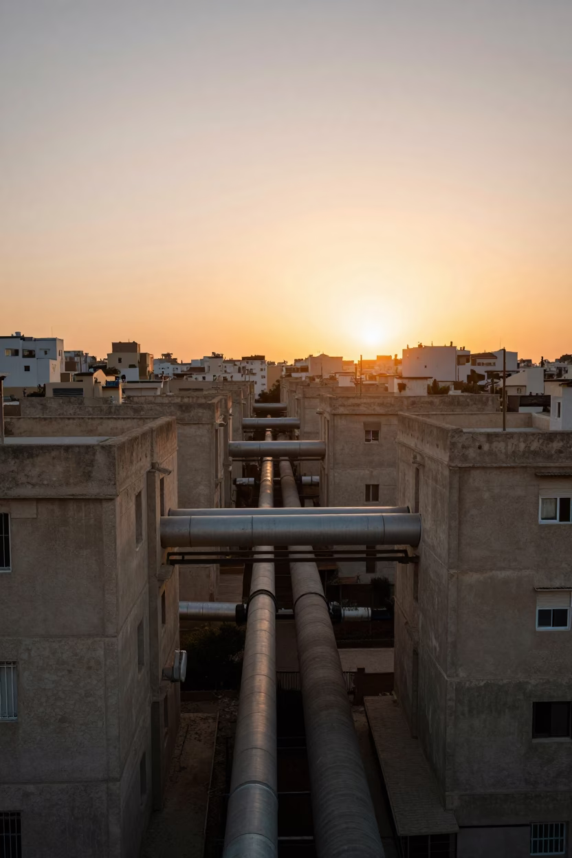 Tunisian Sunset District Heating Pipes Between Concrete Apartment Blocks in Tunis in in Tunis, Tunisia