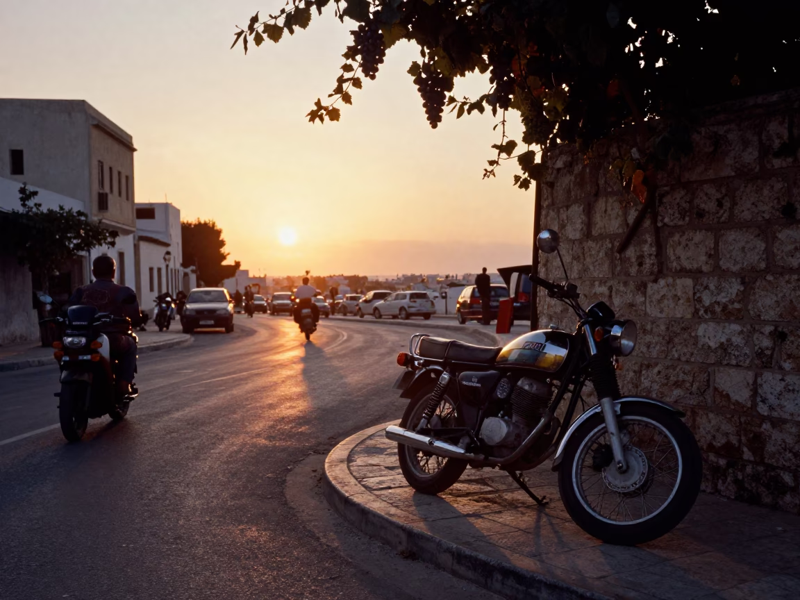 Tunisian Sunset Street Scene with Motorcycle and Grape Leaf Dolma in Tunis Tunisia in in Tunis, Tunisia