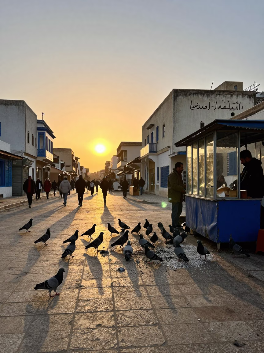 Tunisian Sunset Street Scene with Pigeons and Glass Bottles in in Tunis, Tunisia