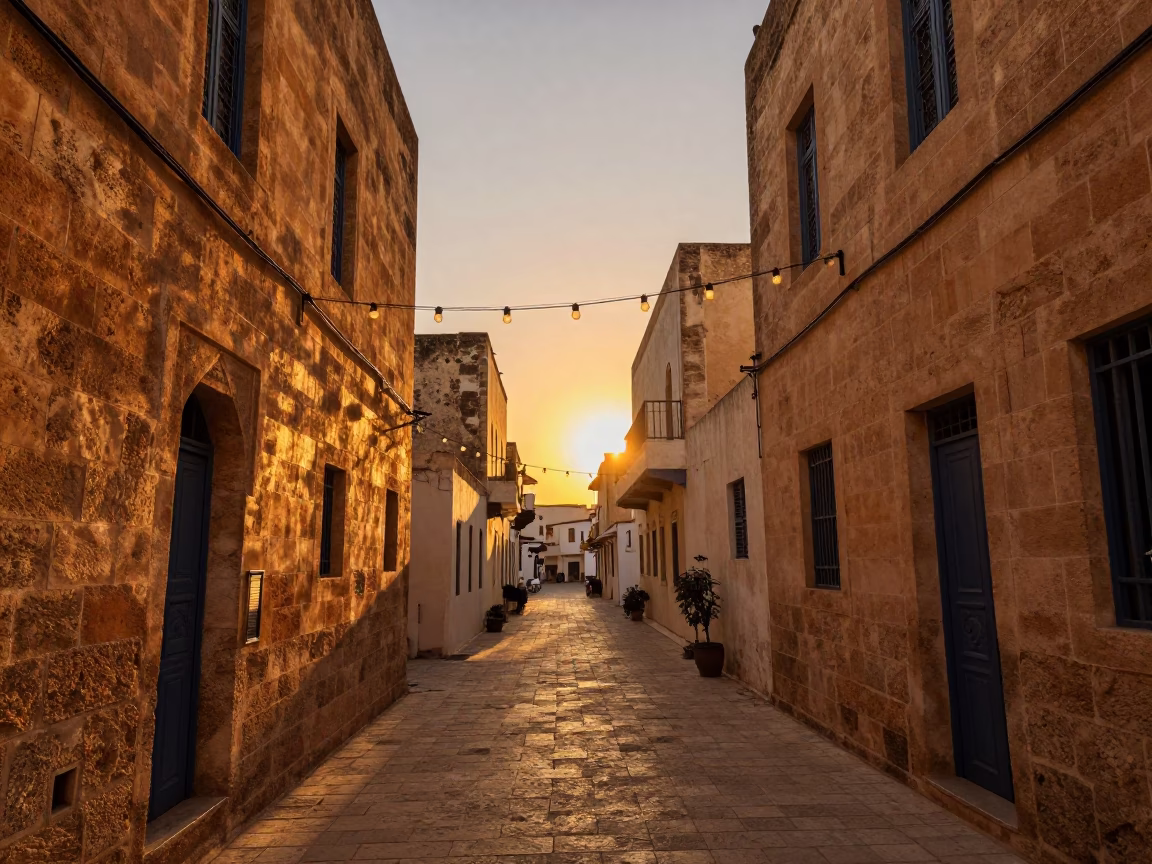 Tunisian Sunset Street Scene with String Lights and Stone Architecture in in Tunis, Tunisia