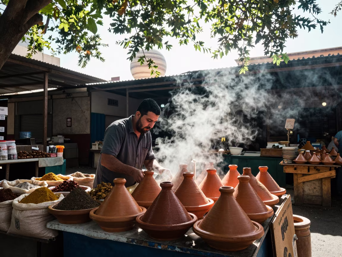 Tunisian Tagines Under Ringed Planet in Chelsea Market in at a spice vendor's table in Chelsea, New York