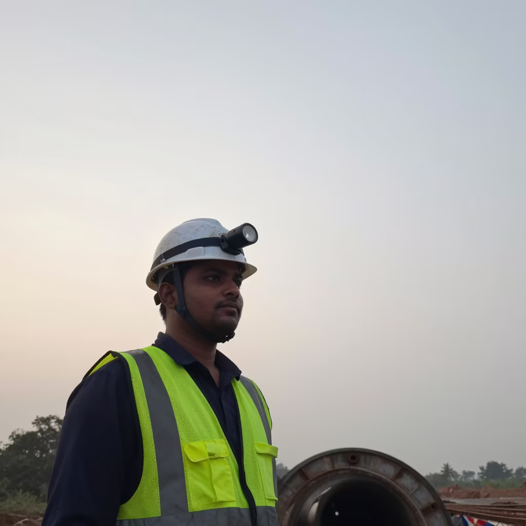 Tunnel Borer Portrait Dust Caked Hat Monsoon Dawn in near Vadodara