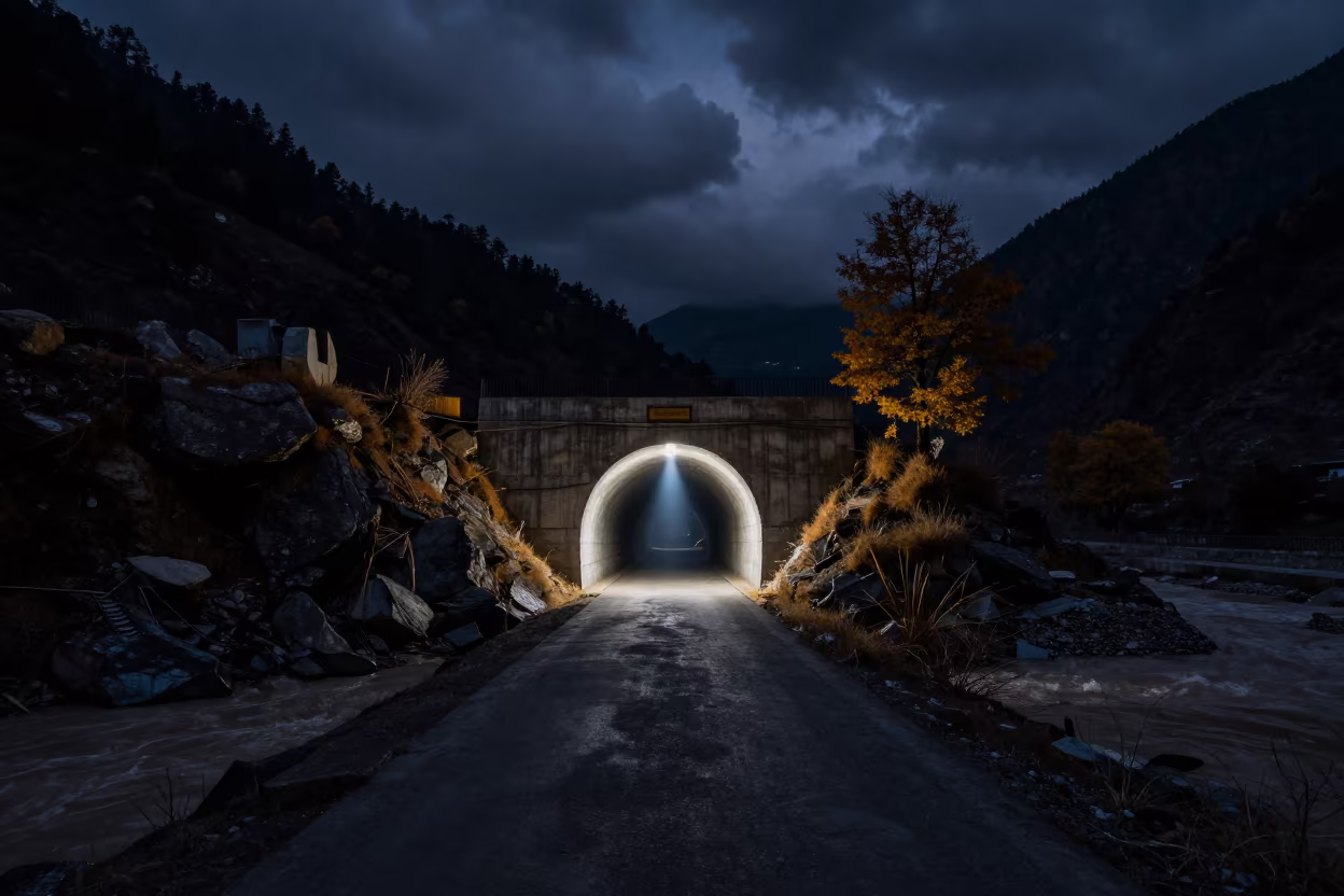 Tunnel Portal Breathing Cold Air Night Levee in along a levee path above floodwater in Himachal Pradesh