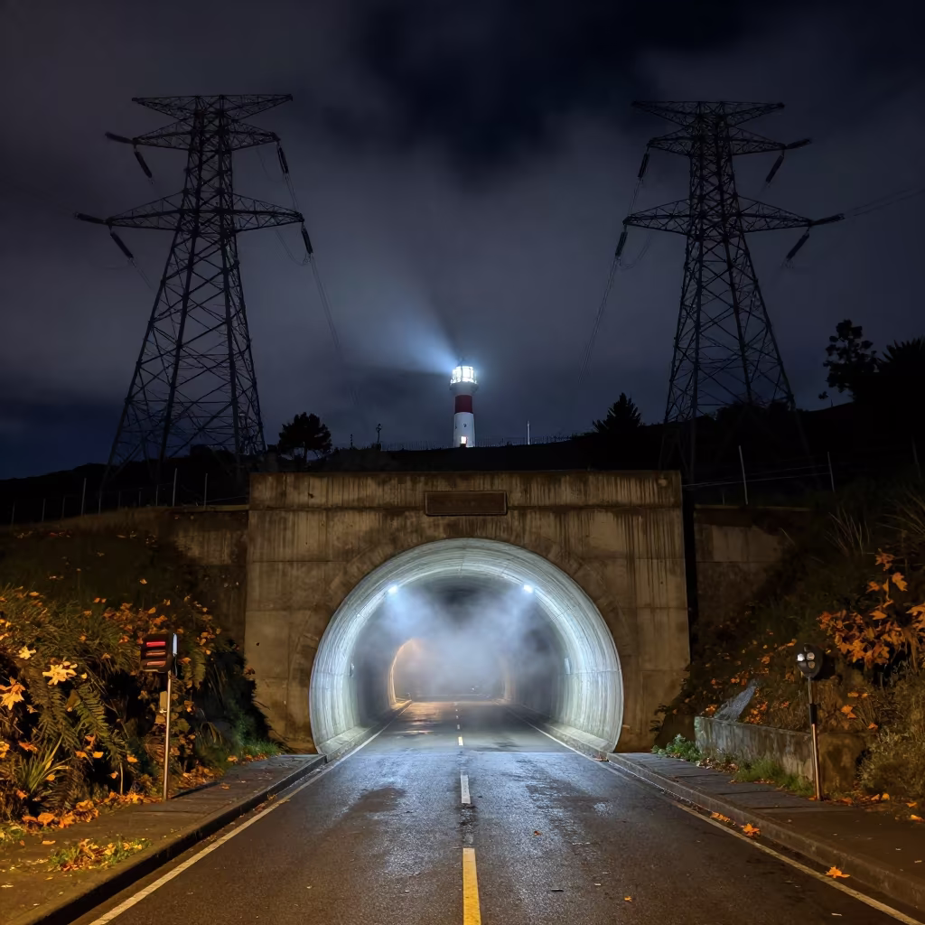 Tunnel Portal Swept by Night Light in Quito in beneath transmission towers near La Floresta, Quito
