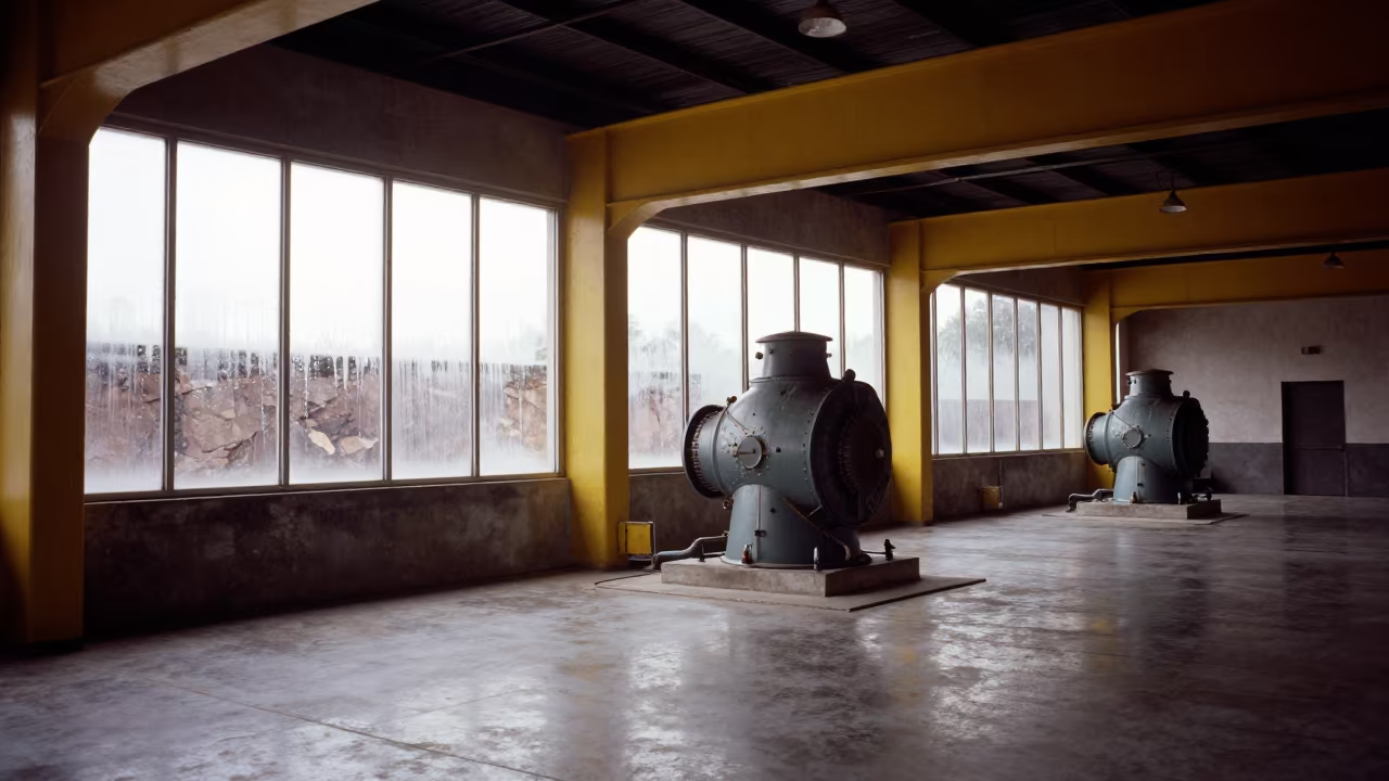 Turbine Hall with Yellow Gantry and Concrete in on a quarry ledge near Chennai