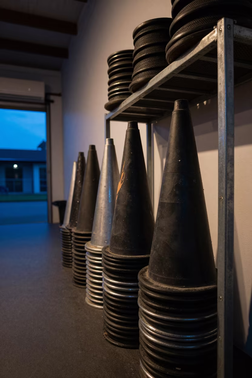Turf Cone Shelf in Abidjan Spin Studio in inside a spin studio under class lights near Abidjan