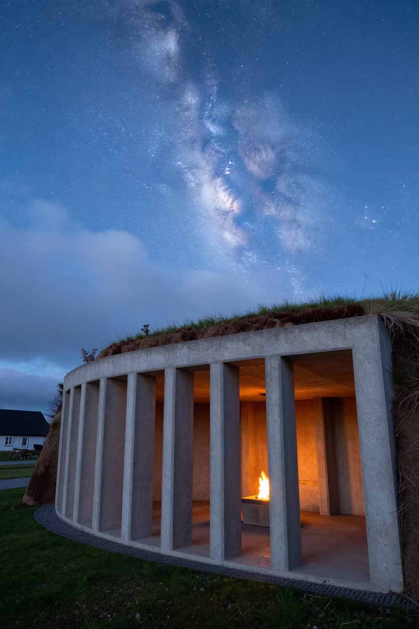 Turf Cottage in Concrete Lobby Before Dawn in inside a ribbed concrete lobby near Idanre