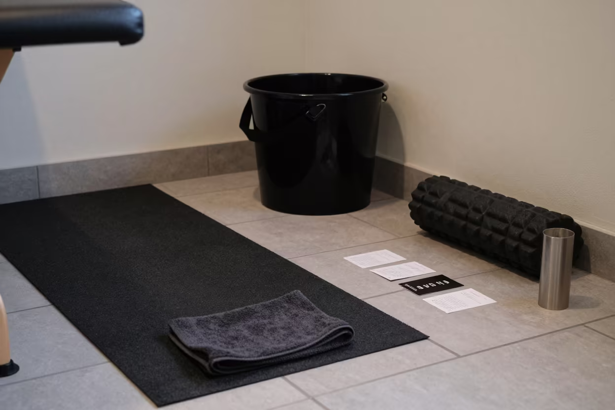 Turf Sled Strap Bucket in Kingston Recovery Lounge in inside a recovery lounge beside foam rollers near Kingston