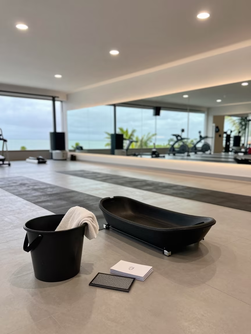 Turf Sled Strap Bucket in Lombok Spin Studio in inside a spin studio under class lights in Lombok