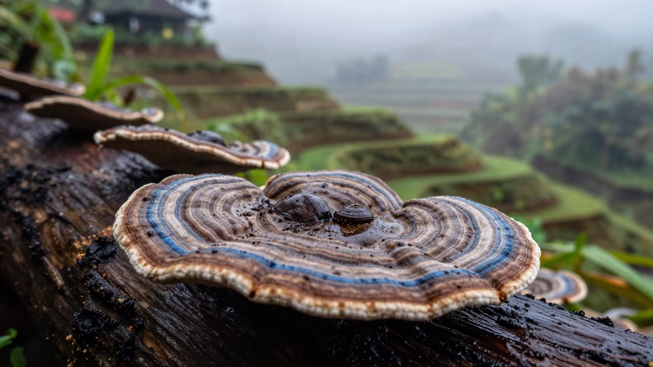 Brown and Blue Turkey Tail Fungus on Bali Garden in among terraced garden plots in Bali