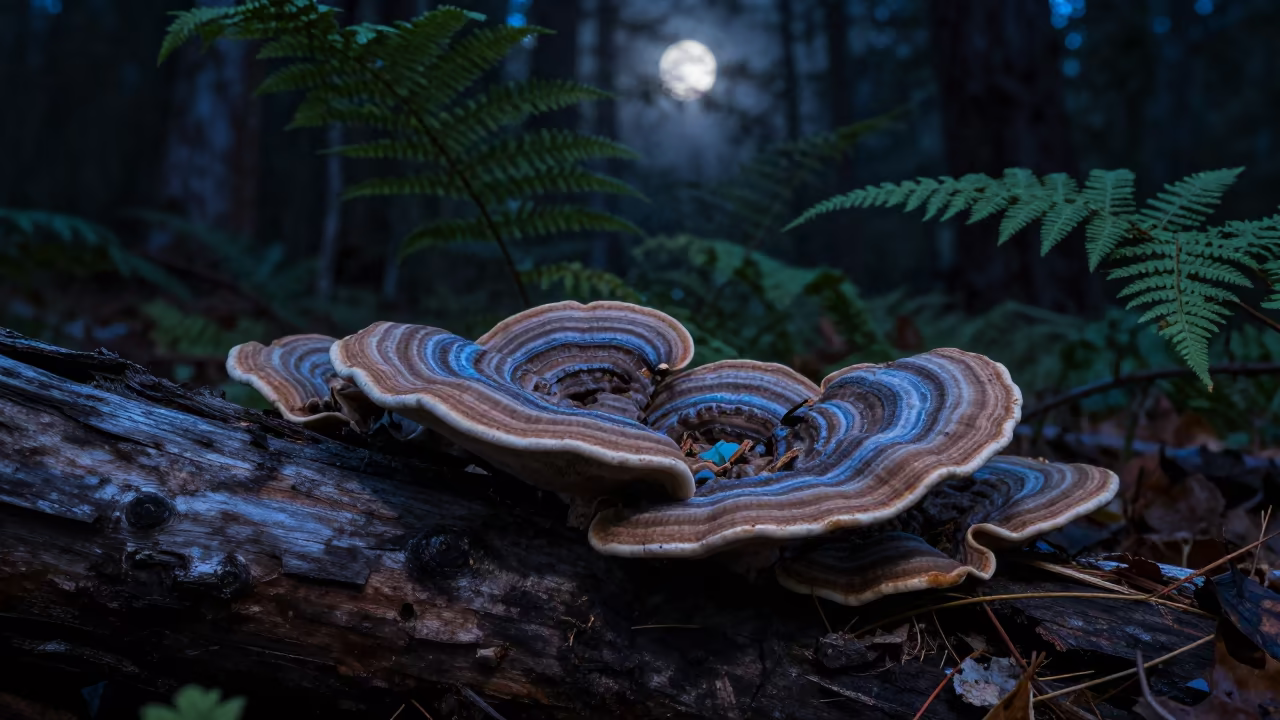 Turkey Tail Fungus Bands Moonlight Spain Forest in on a fern-lined forest floor in Spain