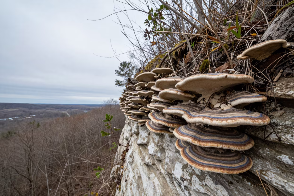 Turkey Tail Fungus on Indiana Cliff Edge in along a salt-sprayed cliff edge in Indiana