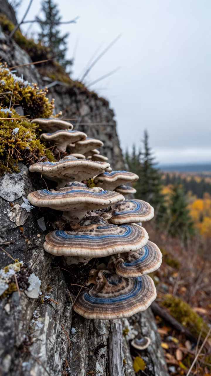 Turkey Tail Fungus on Salt Spray Cliff Edge in along a salt-sprayed cliff edge in Canada