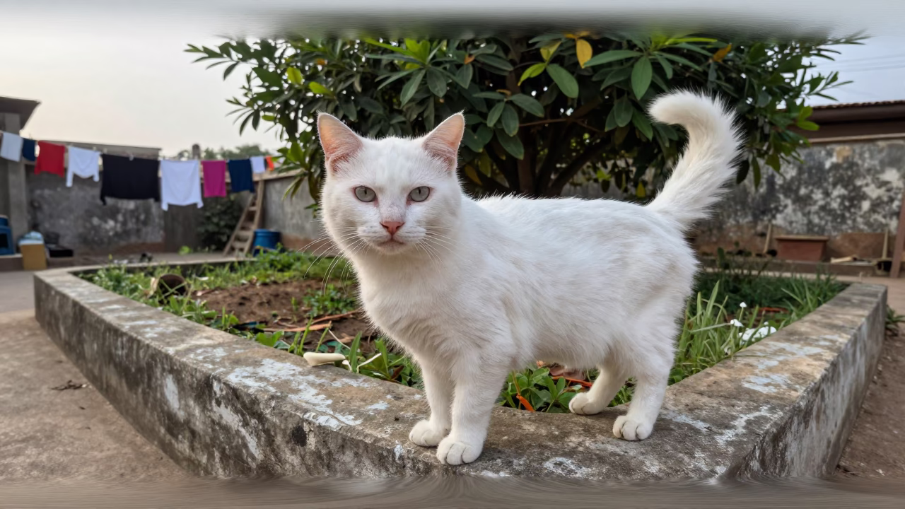 Turkish Angora Cat Garden Edge Morning Light in near a garden edge with soft morning light and an uncluttered background in Abidjan