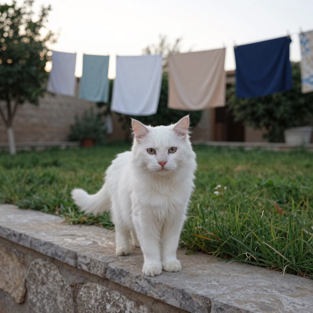 Turkish Angora Cat in Herat Garden in in a small yard with clipped grass, calm light, and the animal centered in frame in Herat