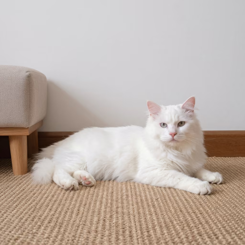Turkish Angora Cat Lounging on Rug in Manila Home in on a woven rug beside a low couch and an uncluttered wall in Manila