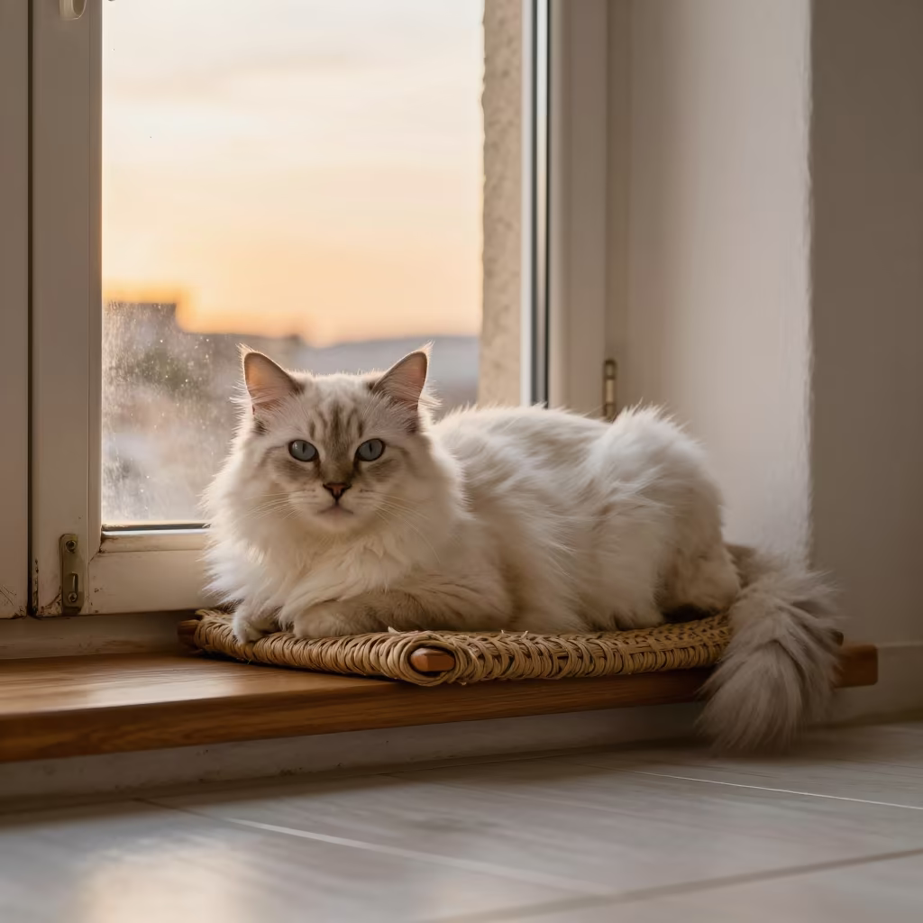 Turkish Angora Cat on Window Seat in Djibouti in on a window seat in a quiet apartment with soft side light in Djibouti