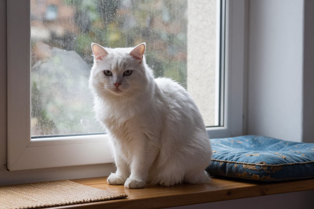Turkish Angora Cat on Window Seat in Dolisie in on a window seat in a quiet apartment with soft side light in Dolisie