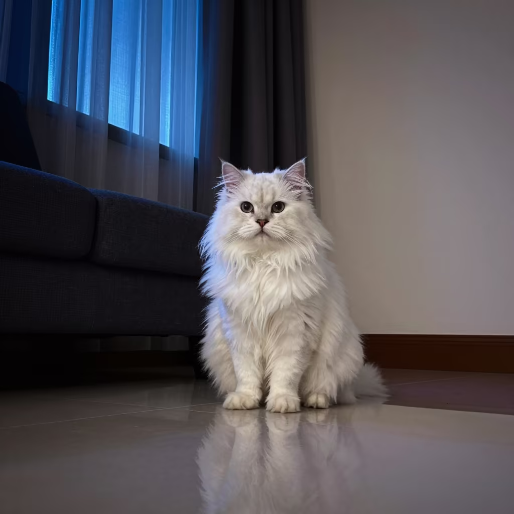 Turkish Angora Portrait at Midnight Neon Reflections in on a sofa near a curtained window with calm indoor light in Regina