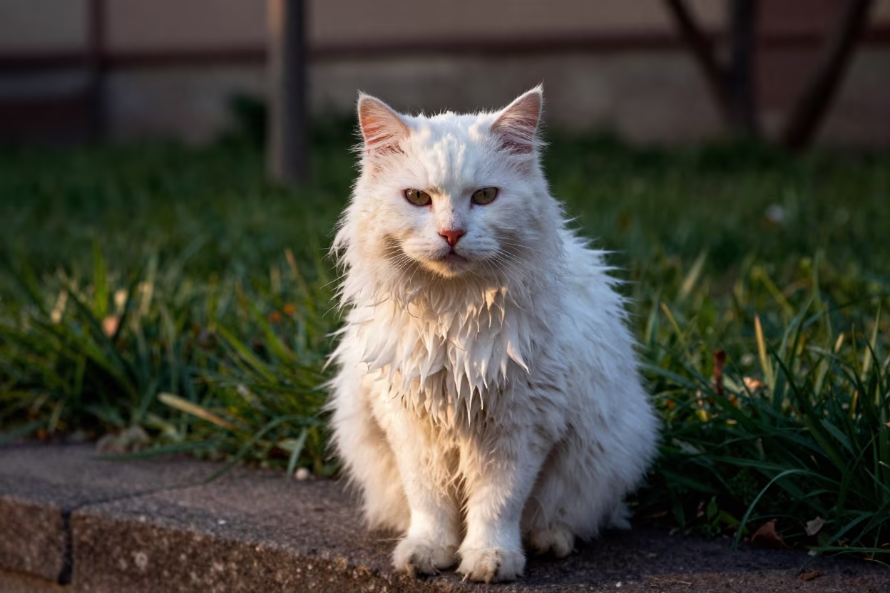 Turkish Angora Portrait in Dawn Garden Light in near a garden edge with soft morning light and an uncluttered background in 10th of Ramadan