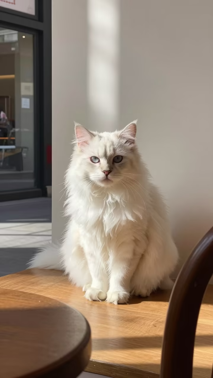 Turkish Angora Portrait in Tlaquepaque Studio Light in in a quiet portrait studio with a plain backdrop and eye-level framing in Tlaquepaque