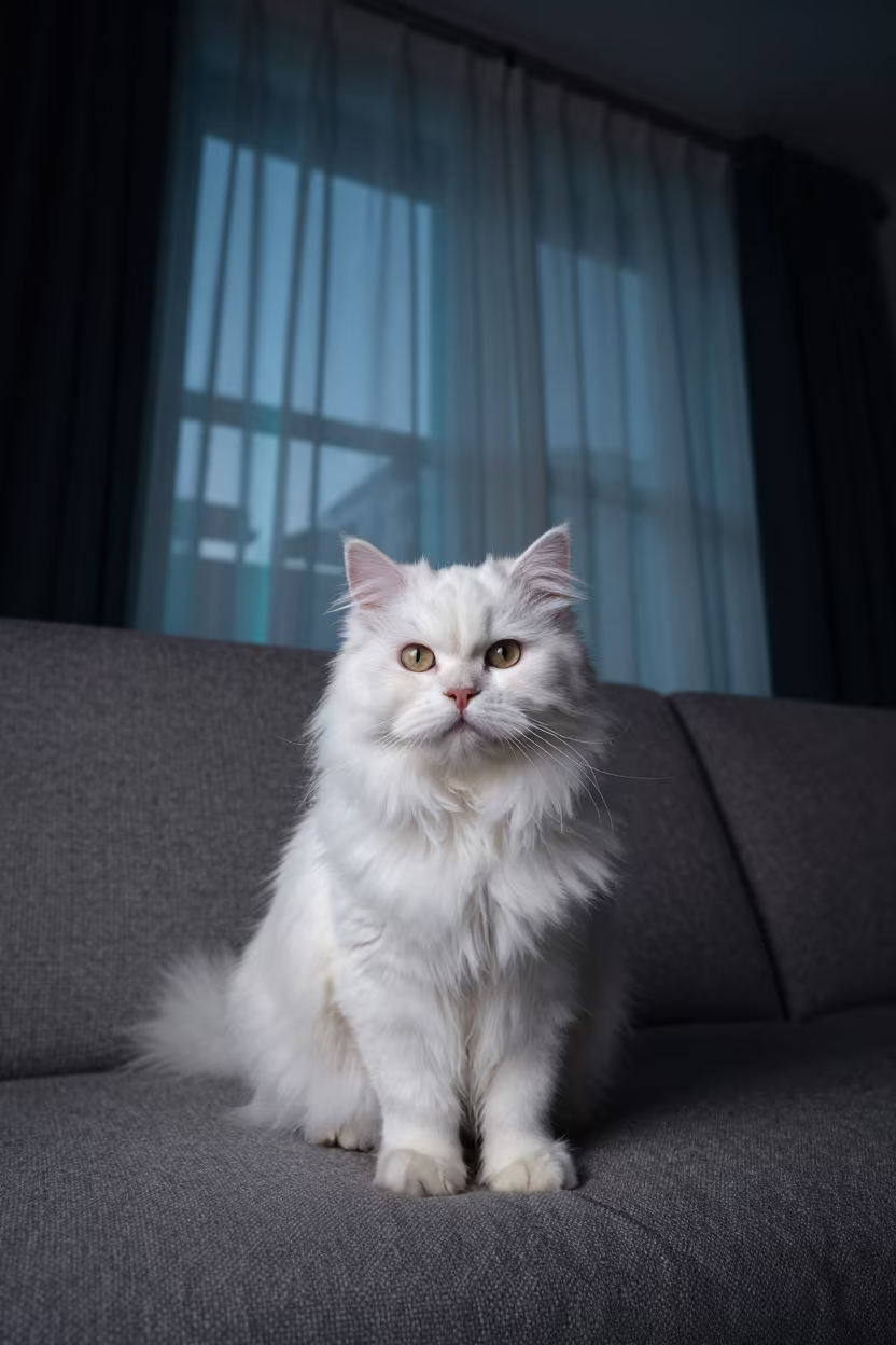 Turkish Angora Portrait Near Curtained Window in on a sofa near a curtained window with calm indoor light in Capitol Hill, Denver