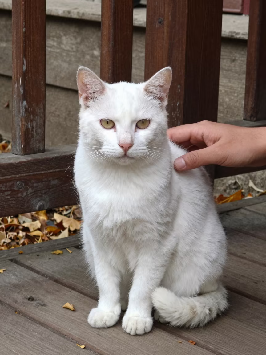 Turkish Angora Portrait on Shaded Islamabad Porch in on a shaded front porch with boards, railings, and eye-level framing in Islamabad