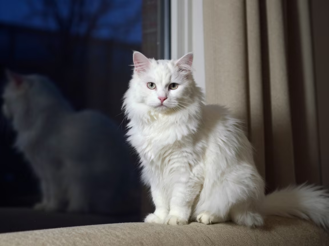 Turkish Angora Portrait on Sofa Near Window in on a sofa near a curtained window with calm indoor light near Sunderland