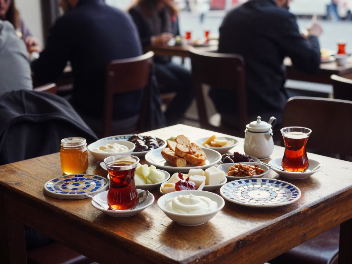 Turkish breakfast spread with mosaic tiles and tea glasses in Istanbul cafe in in Istanbul, Turkey