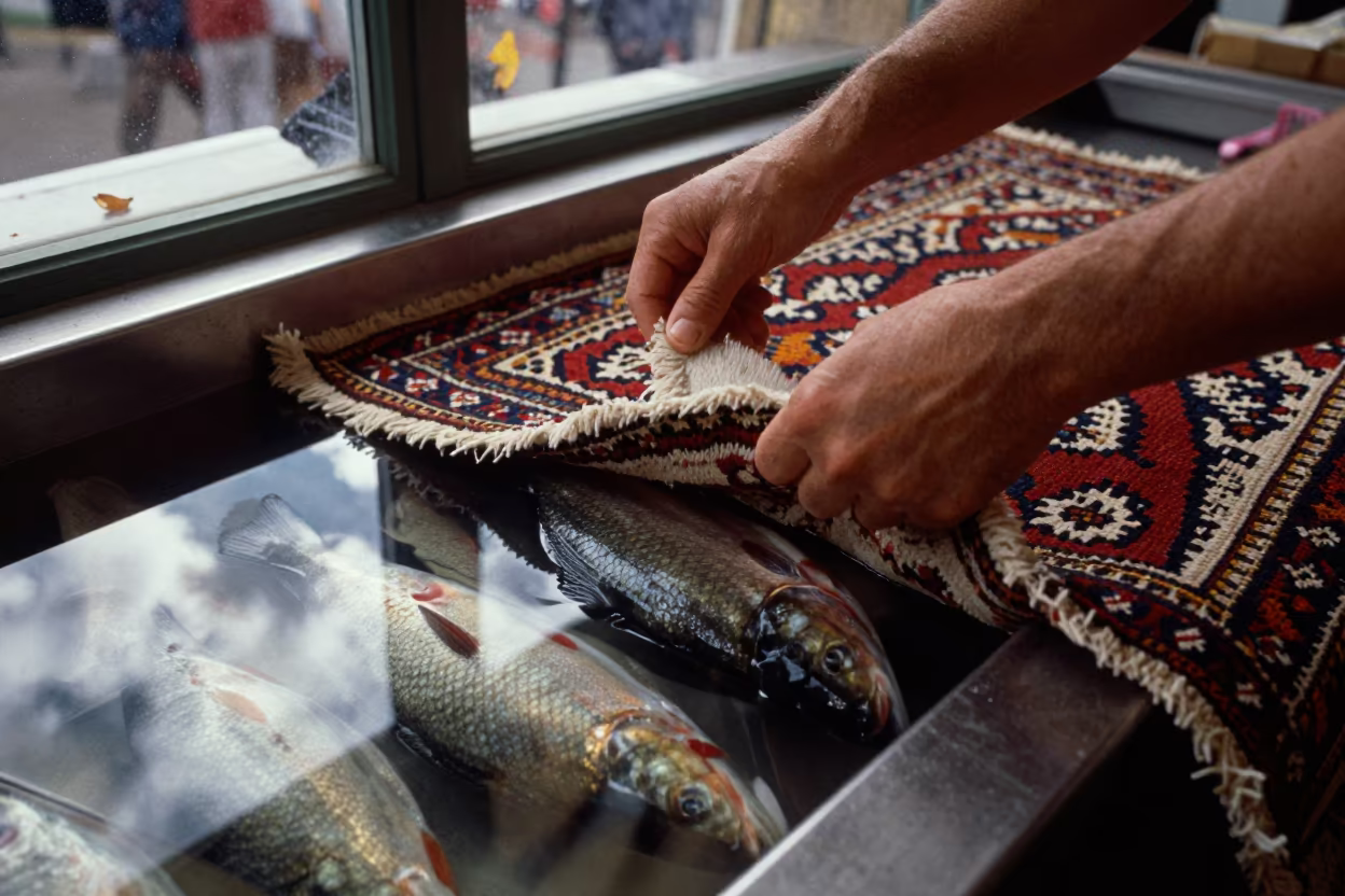 Turkish Carpet Vendor Worcester Fish Market in beside a fish counter in Worcester