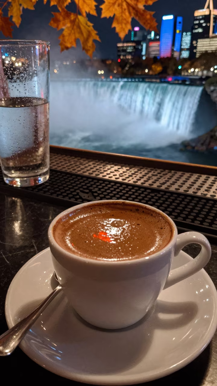 Turkish Coffee Foam Neon Light Niagara in at a coffee bar counter in Niagara Falls