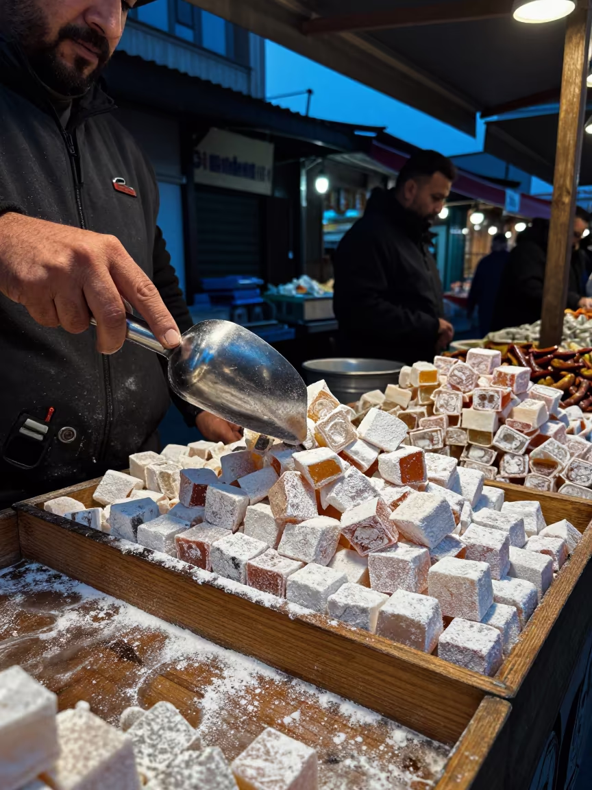 Turkish Delight Vendor Scooping Sweets in Arua Market in in a covered bazaar aisle in Arua