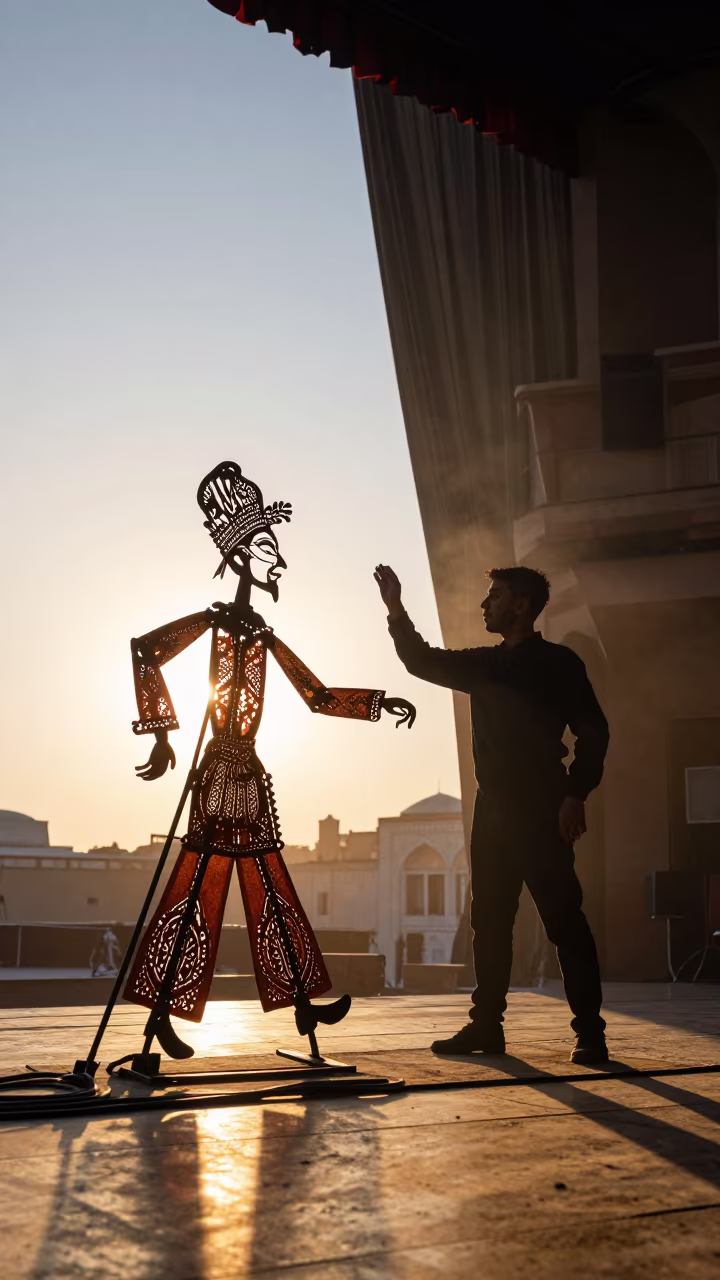 Silhouetted Turkish Karagoz Puppet in Agra Concert Hall in in a concert hall in Agra