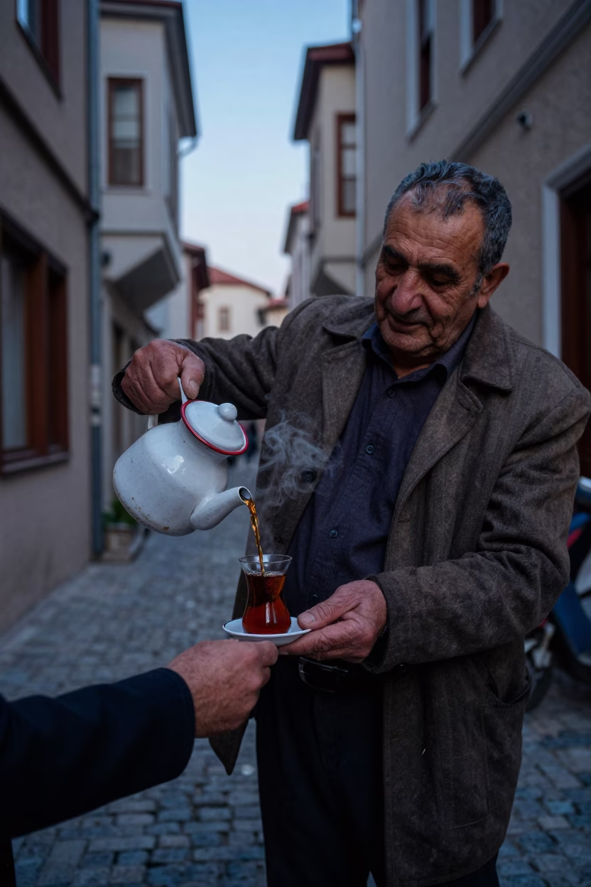 Turkish man serving tea from enamel pitcher on indigo twilight street in Istanbul in in Istanbul, Turkey